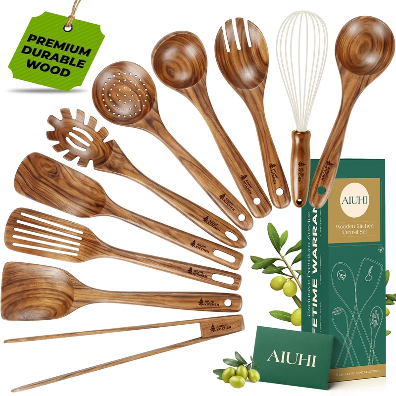 10-Piece Teak Wood Kitchen Utensil Set - Heat-Resistant Wooden Spoons, Spatulas, Ladle and Whisk for Nonstick Cookware