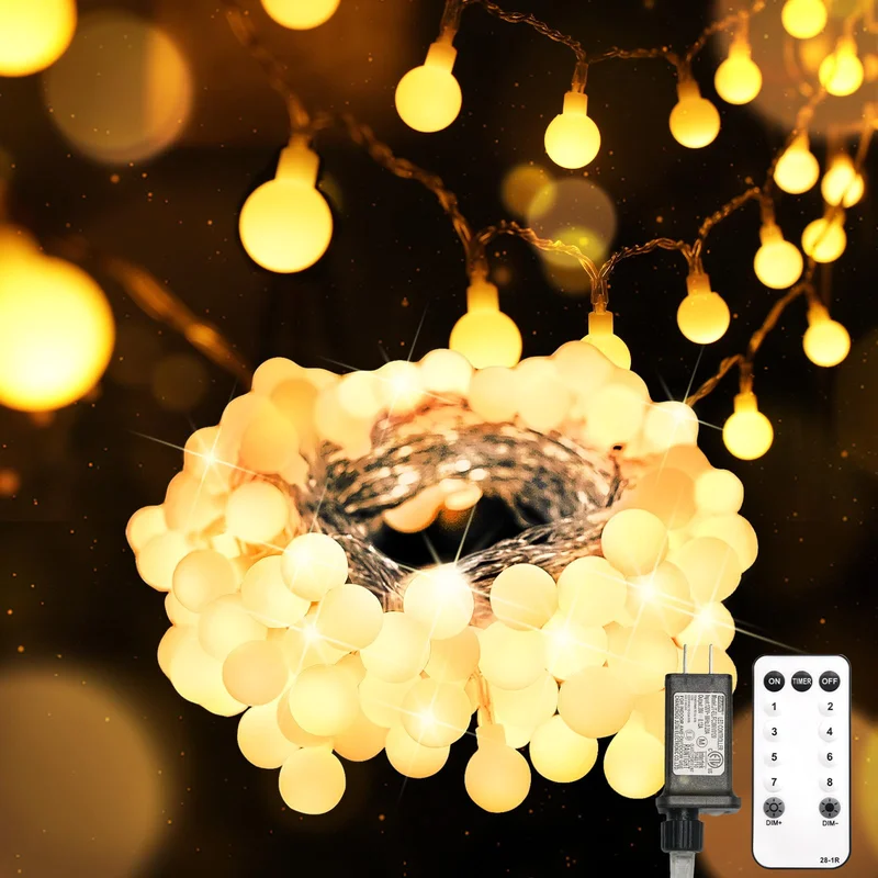 100 LED Connectable Globe String Lights - 43ft Plug-In Fairy Lights with Remote and Timer for Bedroom and Classroom, Warm White