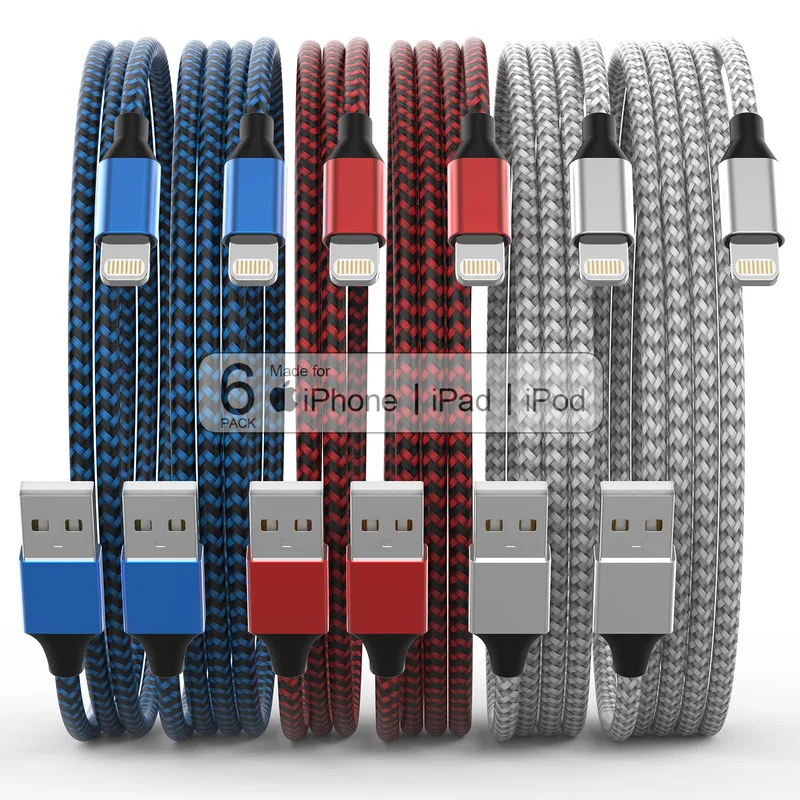 10FT Lightning Fast Charging Cable 6-Pack for iPhone 14, iPad and More Devices