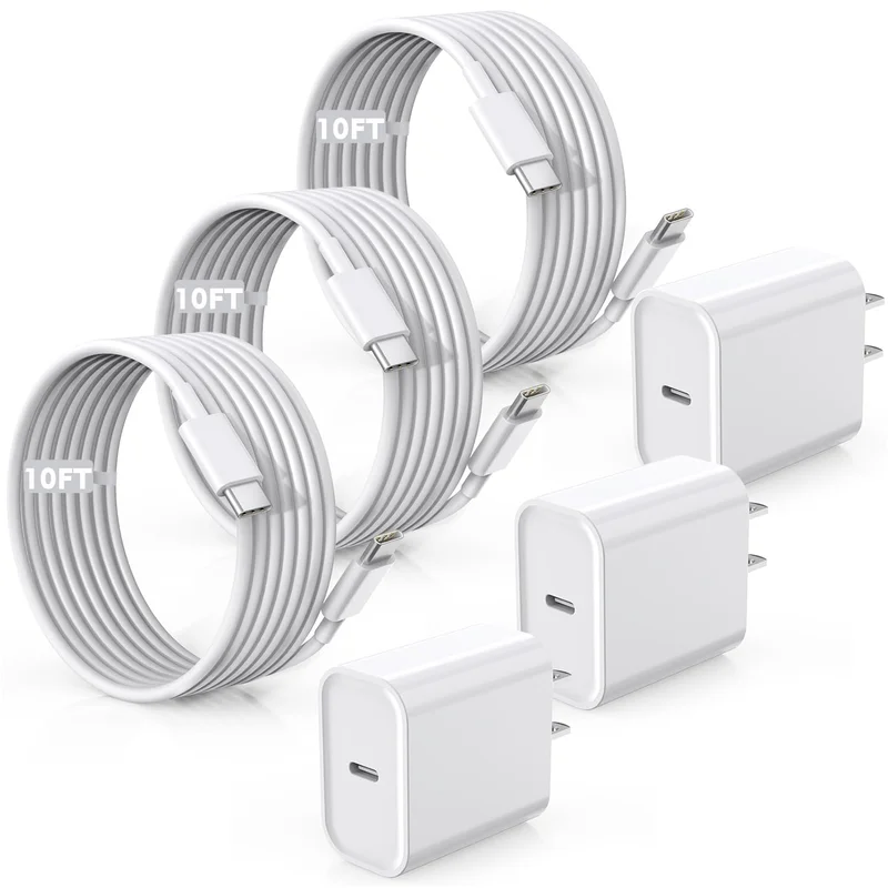 10FT USB-C Fast Charging Cable 3-Pack for iPhone 17/16, iPad and More Devices