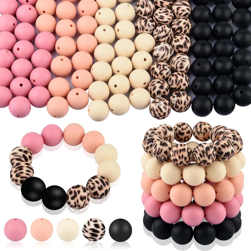 15mm Silicone Beads for Keychain Making - 100Pcs Pink and Black Round Bead Bulk Set for Bracelets, Pens and Craft Supplies