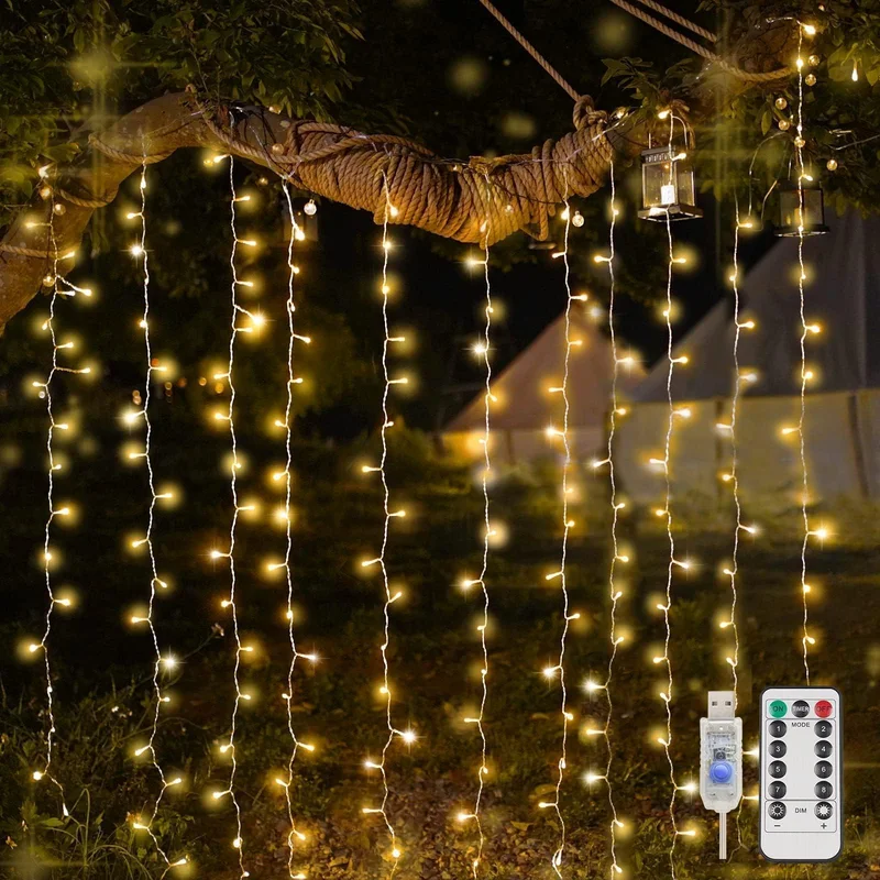 200 LED Curtain Fairy Lights - 6.5x6.5ft Waterproof USB Powered String Lights with Remote for Christmas and Wedding, Warm White