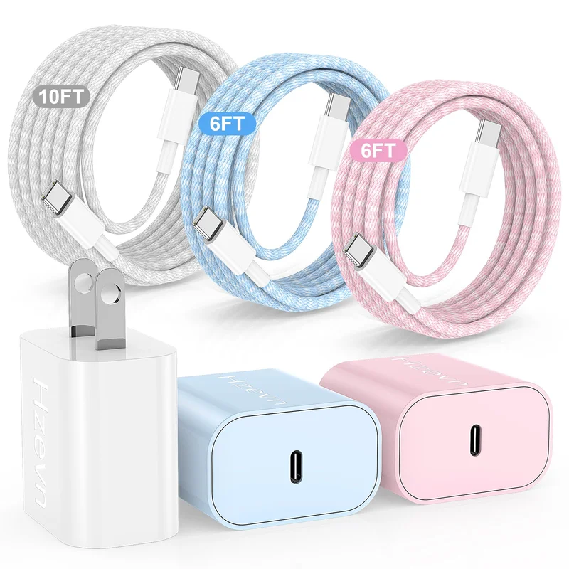 20W USB C Fast Charging for iPhone 17 Air/16/15 Pro Max,3Pack Colorful Mixed Charger Block with Braided Long USB C to C Cables (6/6/10ft) Compatible with iPhone16/15 Pro/15 Plus/iPad Pro | Premium Quality Product, Best Value, Fast Shipping