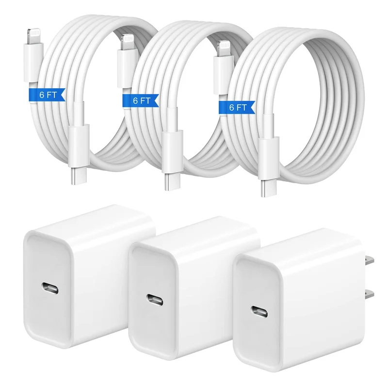 20W USB-C Wall Charger 3-Pack with 6FT Cable for iPhone 14 and More Devices