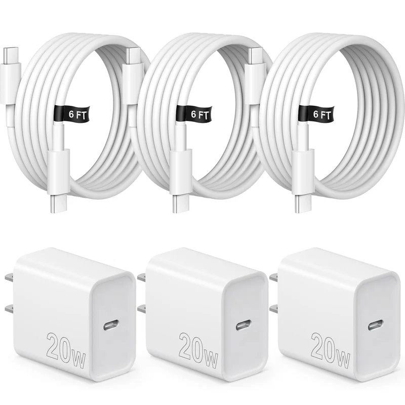 20W USB-C Wall Charger 3-Pack with 6FT Cable for iPhone 17 and More Devices