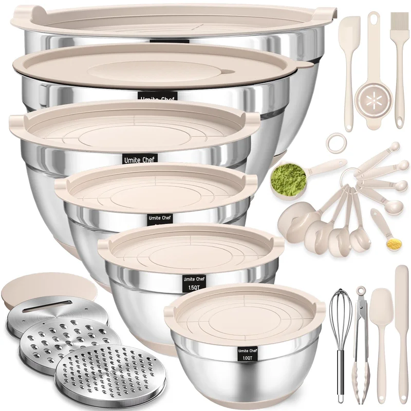 26-Piece Stainless Steel Mixing Bowl Set with Airtight Lids and Grater Attachments, Non-Slip Bottoms, Khaki, Sizes 7-1QT