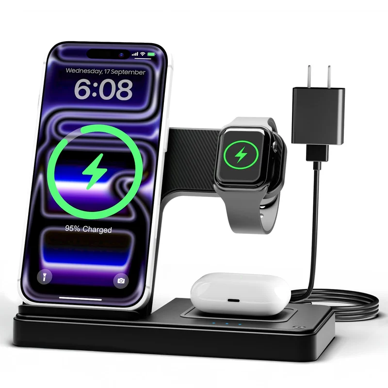 3 in 1 Charger Stand for iPhone 17 Pro Max 17e 16 16e 15 14 13 12 & Watch Series 11-2 SE Ultra & Airpods 4 3 Pro, Black - Wireless Charger iPhone Charging Station for Apple Multiple Devices