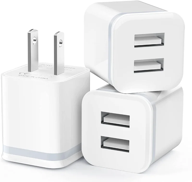 3-Pack 2.1A 5V Dual Port Cube Power Adapter Plug Block Charging Box Brick for iPhone 14 13 12 11 Pro Max SE XS XR X 8 7 6 6S Plus, Galaxy, USB Wall Charger, LG, Moto, Android Phones