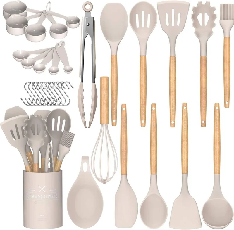 33-Piece Non-Stick Silicone Kitchen Cooking Utensil Set with Holder and Wooden Handles, Khaki