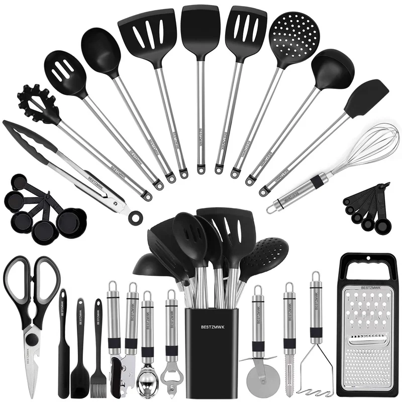 33-Piece Silicone Cooking Utensil Set with Spoons for Nonstick Cookware, Stainless Steel and Silicone Spatula Set