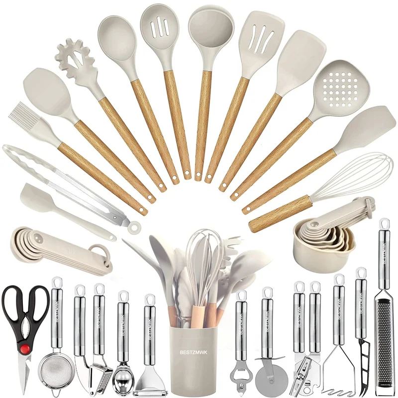 35-Piece Heat-Resistant Food-Grade Silicone Cooking Utensil Set with Grater, Tongs, Spoon, Spatula, Turner and Wooden Handles