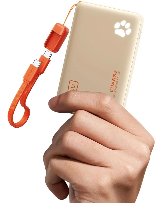 45W Fast Charging Portable Charger - Compact 10,000mAh Travel Power Bank with Detachable USB-C Cable, Flight-Safe, Beige