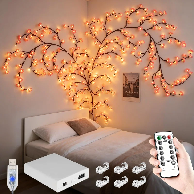 48 LED Cherry Blossom Willow Vine Lights - 4ft Pink Branch Wall Lights with Remote, Timer and 8 Modes for Christmas Decor