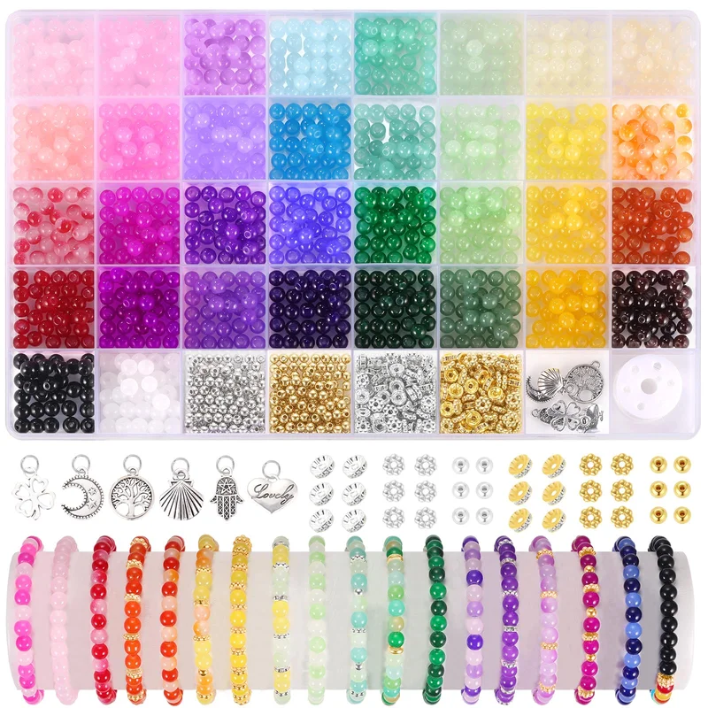 6mm Crystal Glass Beads for Bracelet and Jewelry Making - 1368Pcs Set in 34 Colors with Spacer Beads and Charms for DIY Earrings and Necklace Crafts, Solid and Gradient Shades