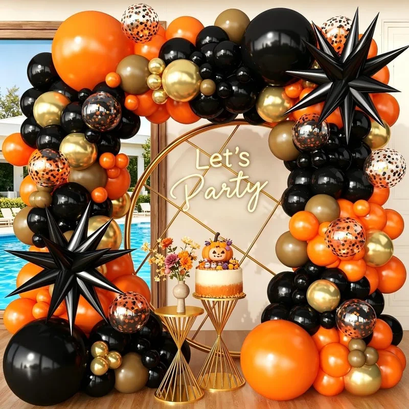 Black Orange Gold Brown Star Balloon Arch Garland Kit for Pool Party, Halloween, Tropical, Boys Basketball Birthday and Anniversary Decorations