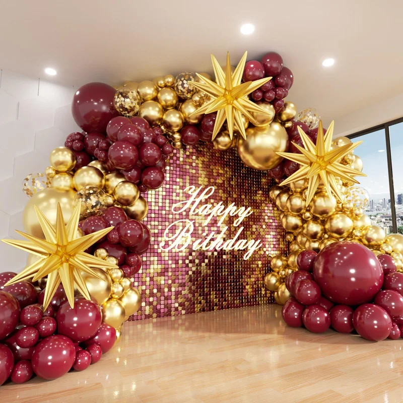 Burgundy Maroon Gold Balloon Arch Kit - 140Pcs Balloon and Star Garland Set for Valentine's Day, Birthday, Anniversary, Bridal Shower and Wedding Decor