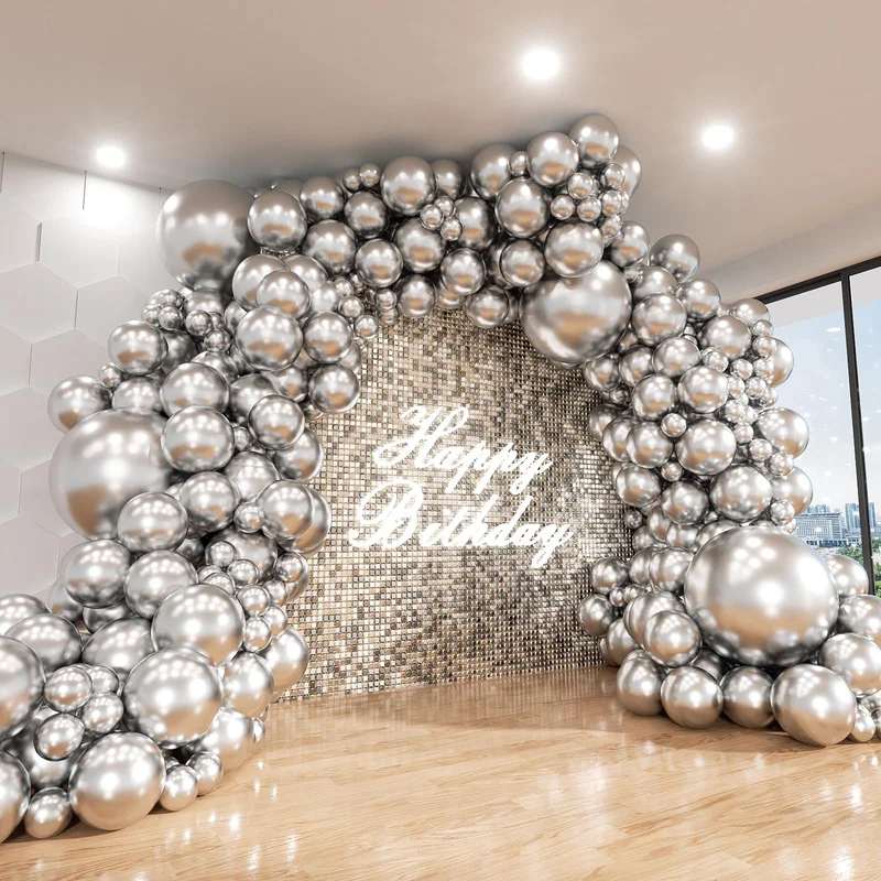 Chrome Metallic Silver Latex Balloon Arch Kit - 143Pcs Assorted Size Garland Set (18/12/10/5 Inch) for Wedding, New Year, Anniversary, Baby Shower and Birthday Decor