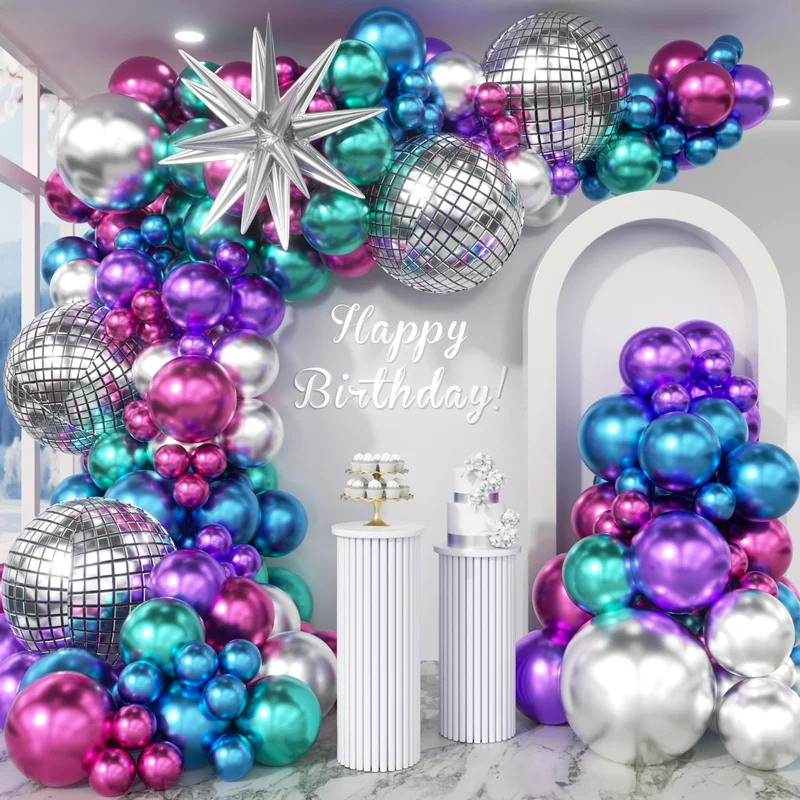 Disco Balloon Garland Arch Kit, Metallic Purple Blue Hot Pink Chrome Balloons for 70s 80s 90s Themed Bachelorette Party Decor