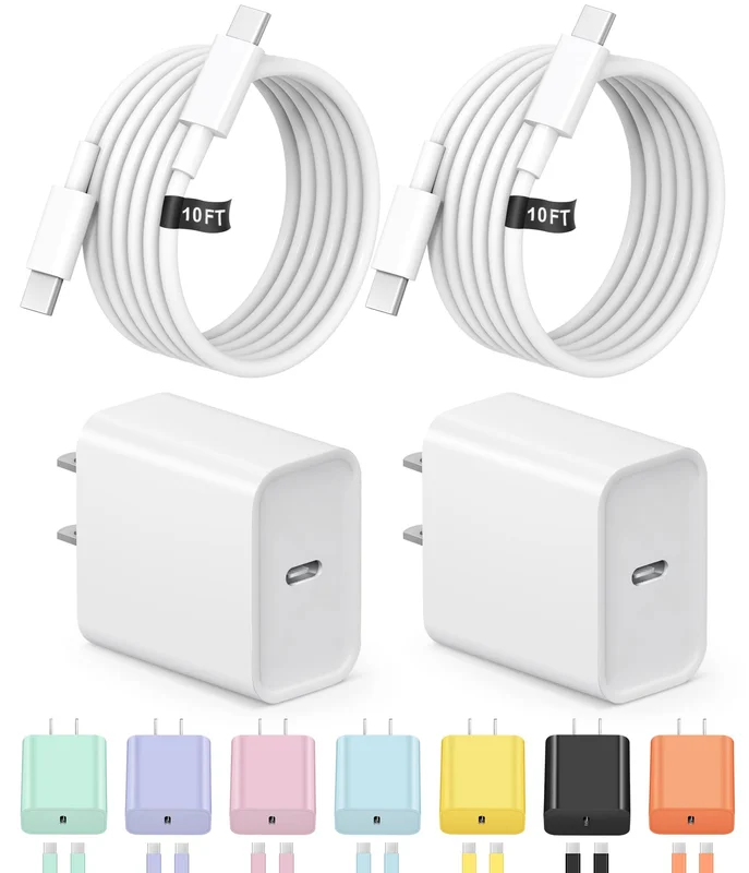 for iPhones, iPads,Tablets, Android phones,2-Pack iPhone Charger Type C Chagrer Fast Charging with Extra Long USB-C Cables - 10FT iPhone 17 16 15 Charger Fast Charging USB C Charger Block