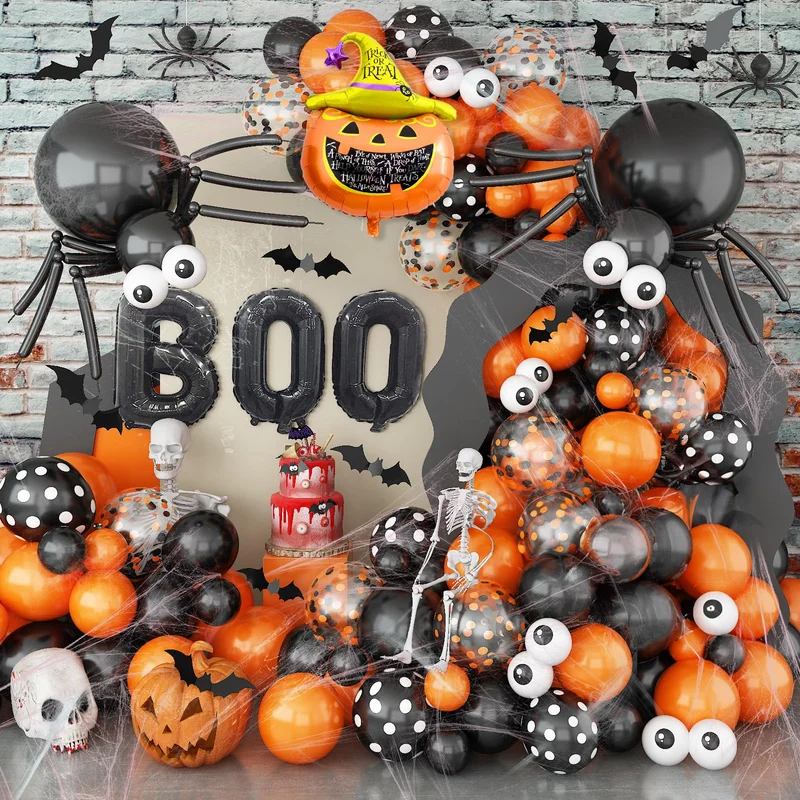 Halloween Balloon Arch Garland Kit - 126Pcs Black and Orange Balloons with BOO Pumpkin Bat and Eyeball Foil Accents, Spider Web for Kids Indoor Outdoor Party Decor