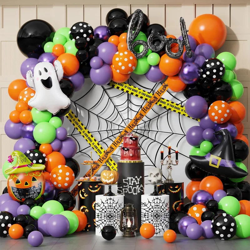 Halloween Balloon Arch Garland Kit - 151Pcs Black Orange Purple Balloons with Mylar Pumpkin Ghost BOO Foil Accents for Kids Home Birthday Party Decor