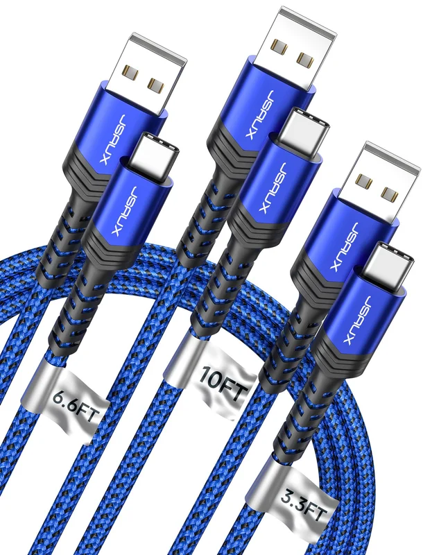 JSAUX USB C Cable Fast Charging 3-Pack(10ft+6.6ft+3.3ft), USB A to Type C Charger Cord for iPhone 17/17e/17 Pro/17 Pro Max, iPhone 16/16 Pro/16 Pro Max, Samsung Galaxy S23 S22 S20, USB C Charger(Blue) | Premium Quality Product, Best Value, Fast Shipping