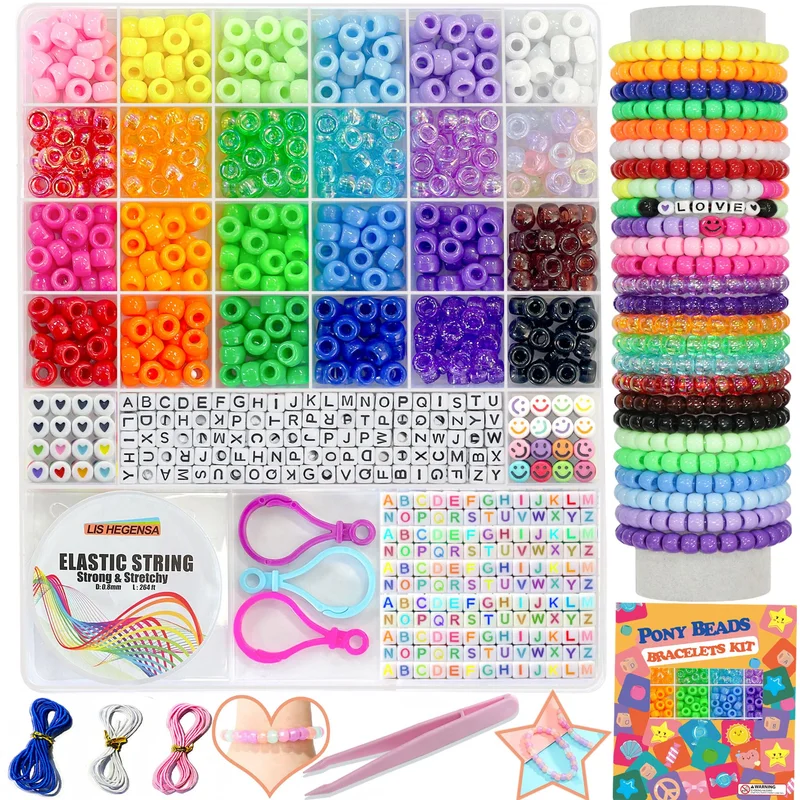 Kandi Pony Beads Bracelet Making Kit - 1000Pcs Set in 24 Colors with Letter Beads and Charms for Necklace, Hair Braiding and DIY Craft Gifts for Girls