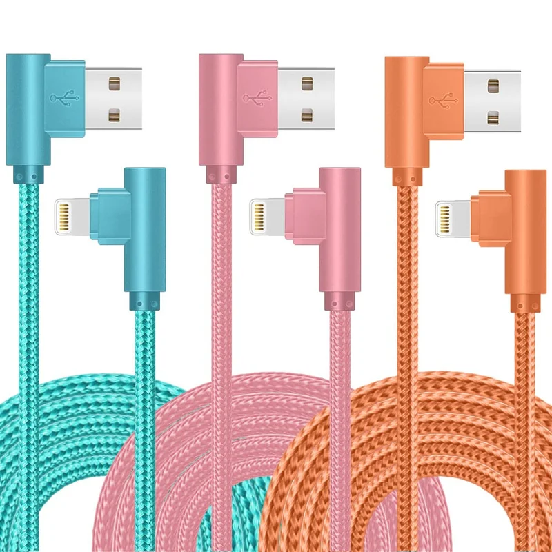Nylon Braided iPhone Charger,Charging Cable Compatible for iPhone 14/13/12/11/X/Max/8/7/6/6S/5/5S/SE/Plus/iPad - 90 Degree iPhone Charger,MFi Certified USB Lightning Cable (3 Pack 10FT)