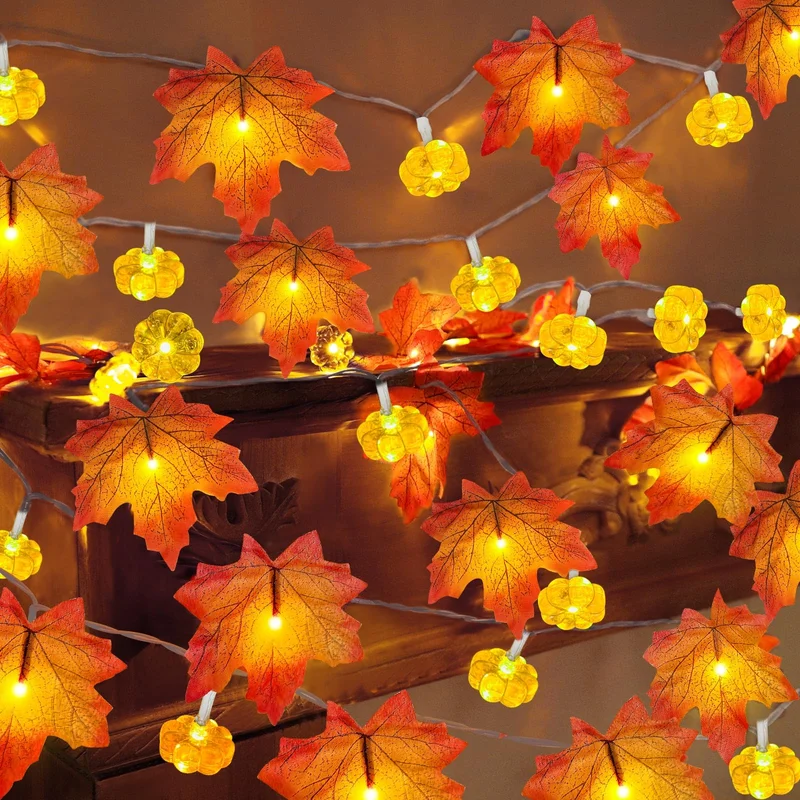 Premium 2 Pack & Timer - Fall Garland with Pumpkin Lights Fall Decorations for Home Total 60LED 20Ft Enlarged Maples Leaves Fall Lights Battery Operated Halloween Thanksgiving Christmas Decor Wedding Party