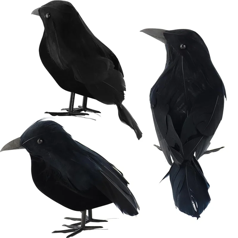 Premium AEVBSOY 3 Pack Black-Feathered Crows Halloween Decorations - Realistic Artificial Handmade Black Feathered Crows for Halloween Party & Outdoor/Indoor Decorations