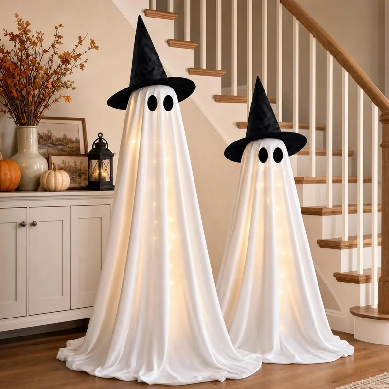 Premium Halloween Decorations Indoor - 2 Pack Light Up Ghosts Easy to Assemble Adjustable Height Spooky Halloween Party Decorations for Porch Yard Mantel Home