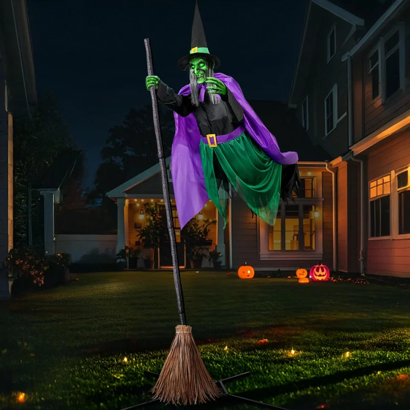 Premium Halloween Decorations Outdoor - 12 Ft Animated Hovering Witch Animatronics Prop with Sound & Touch Activated Sensor - Spooky Scary Decor for Home Outside Garden Yard Lawn