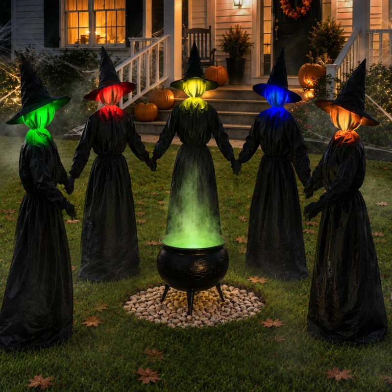 Premium Halloween Decorations Outdoor - 5 Pack 4.3 FT Light Up Holding Hands Witches with Color Changing Glowing Faces - Halloween Witch Decor with Stake for Yard Lawn Garden Porch Haunted House Decor
