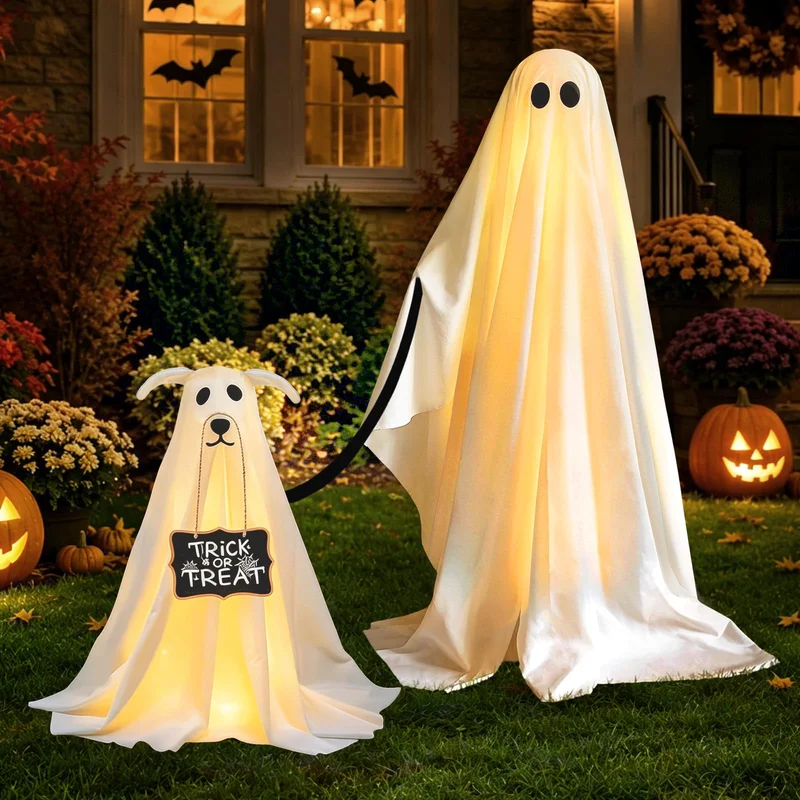 Premium Halloween Decorations Outdoor - Spooky Ghost Dog Halloween Decor Indoor for Party Decorations and Yard, Ghost Decor with Remote Control String Lights - 2 Pack