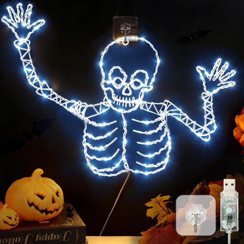 Premium Halloween Skull String Lights Window Decorations LED Wall Skeleton Light 8 Mode USB Powered for Home Yard Patio Decor Halloween Party Decoration