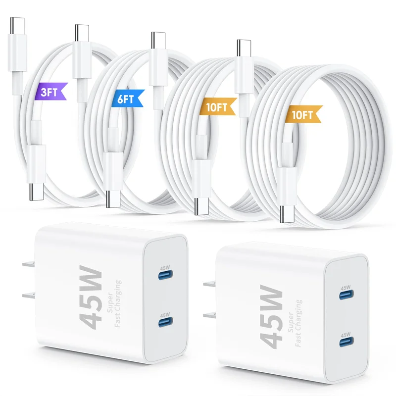 QZIIW 45W USB-C Wall Charger 2-Pack with 10FT Cable for iPhone 17/16 and More