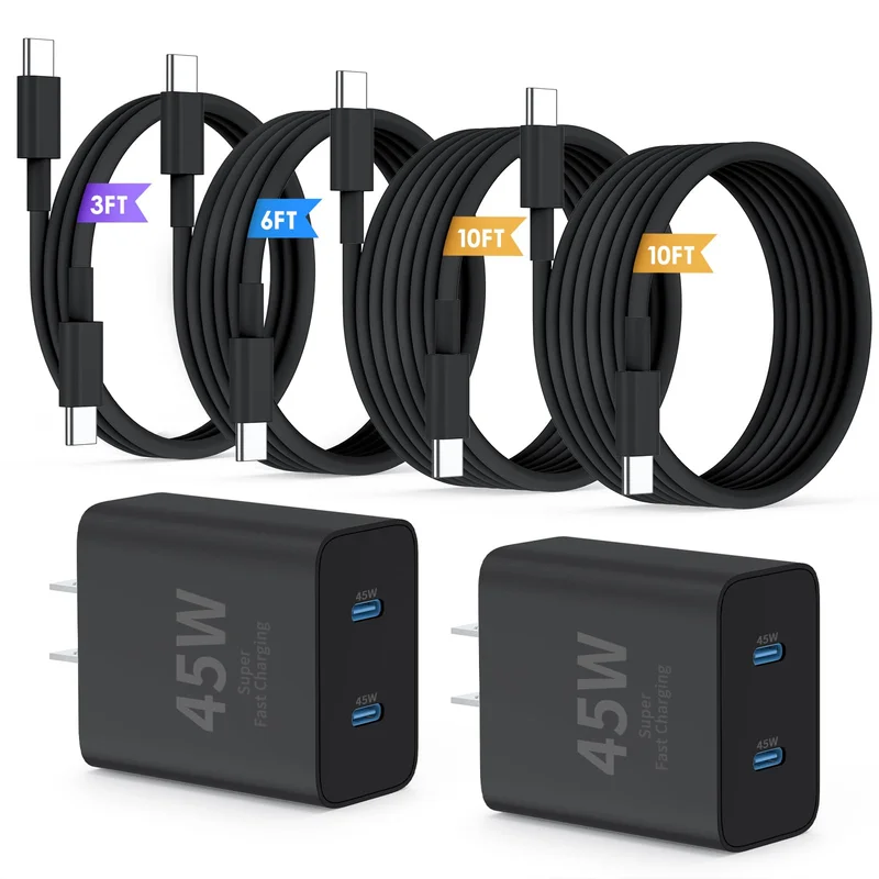 QZIIW Super Fast Samsung Charger Type C,45W Dual Port USB C Fast Charger Block [2-Pack] & Extra Long 60W 3/6/10/10FT USB C Cable - PD Quick Charging 3.0 For Samsung Galaxy S25 Ultra/S24+/S23 iPhone 16 | Premium Quality Product, Best Value, Fast Shipping
