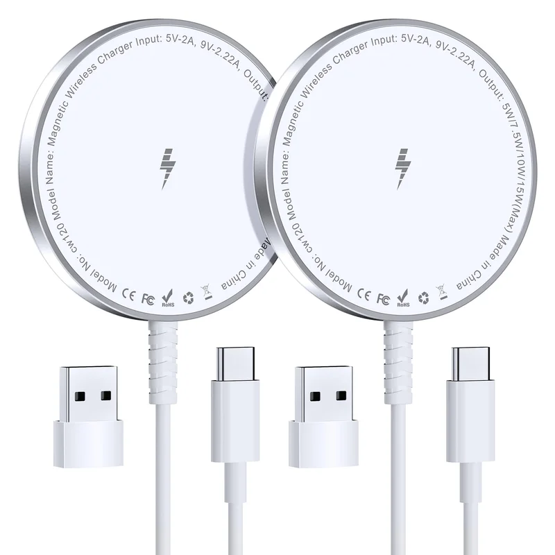 Strong Magnet Charging Pad, with Dual USB C to A Converters, Ultra-Thin & Portable, Ideal for Home Office & Travel, White - MagSafe Charger 2 Pack: Magnetic Wireless Charge iPhone 17-12 & AirPods