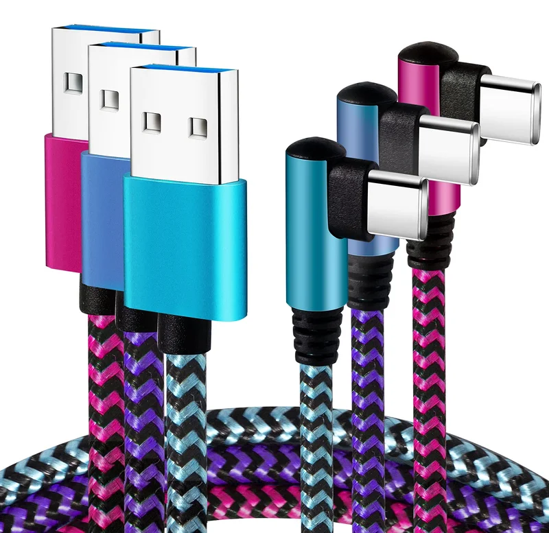Teeind USB Type C Cable 2.1A Fast Charging: [90 Degree/6ft/3Pack] Nylon USB C Cord Right Angle Compatible with Samsung Galaxy S23/S22/9/Note 10, USB C Charger-Blue/Magenta/Purple | Premium Quality Product, Best Value, Fast Shipping